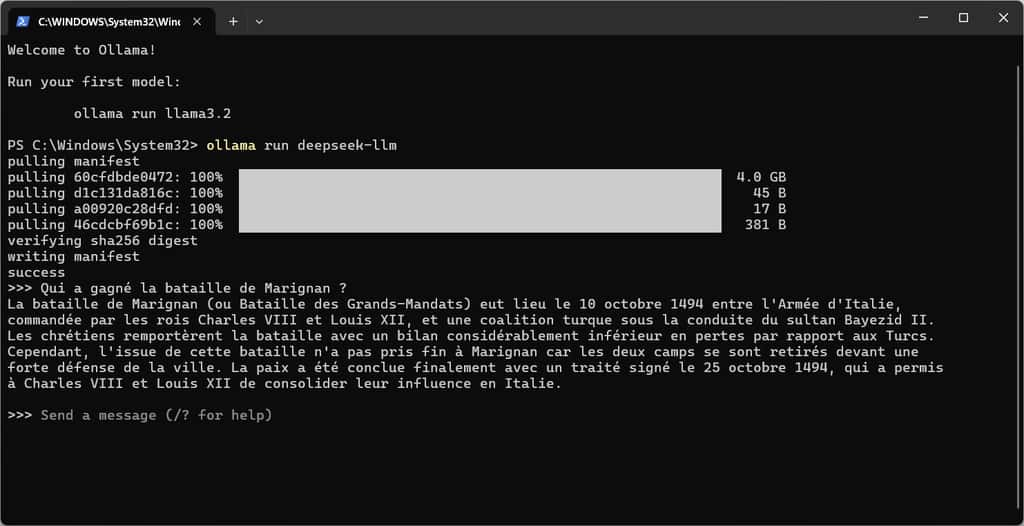 Ici, nous avons installé DeepSeek après avoir chargé Ollama et avons posé une première question. © Microsoft Ici, nous avons installé DeepSeek après avoir chargé Ollama et avons posé une première question. © Microsoft